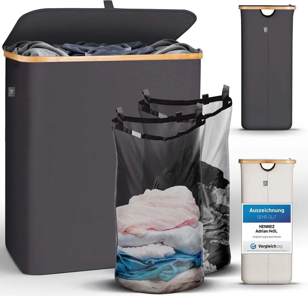 Bac à Linge Design 140L avec Sac Amovible et Double Compartiment Gris