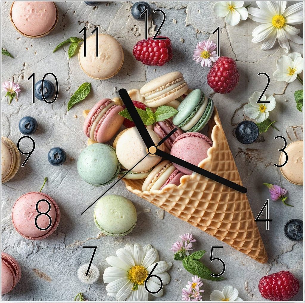 Wanduhr aus Glas mit Motiv Macarons im Sommer- 30 x 30 cm - inkl. Aufhängesystem