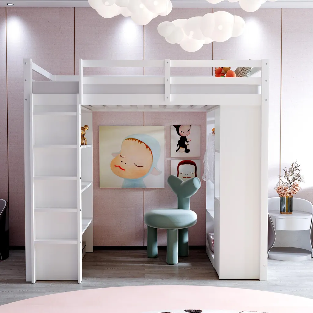 Lit superposé 90x200cm blanc avec penderie latérale et étagère de rangement - 3