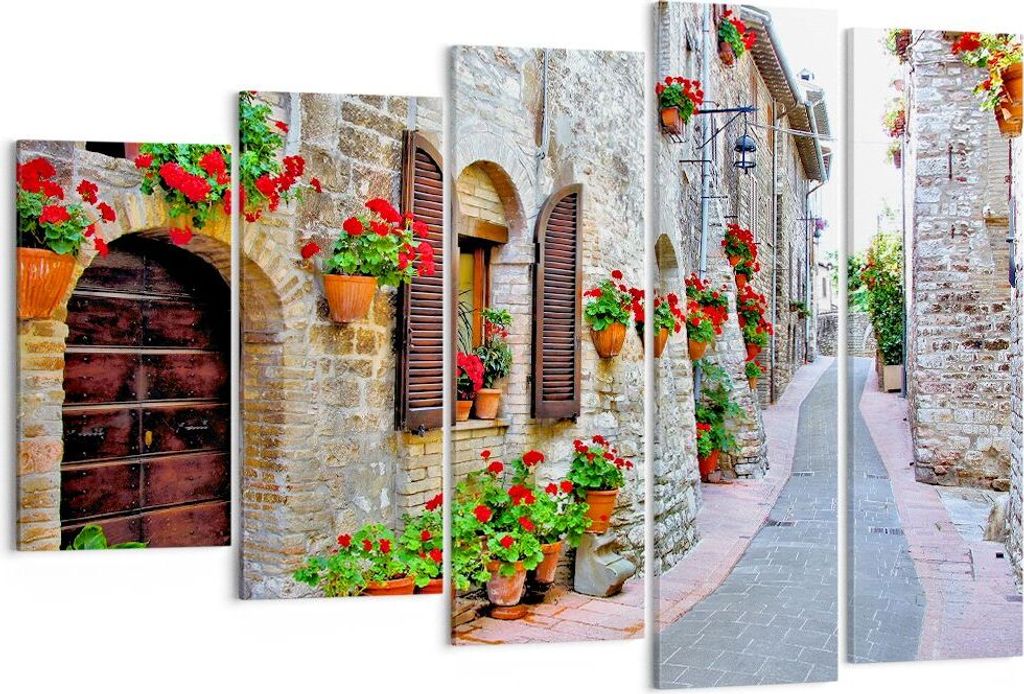 Bild auf Leinwand - Leinwandbild - Italien Straße Blumen Geschichte - 150x100cm - Wand Bild - Wanddeko - Leinwanddruck - Bilder - Kunstdruck - Lei...