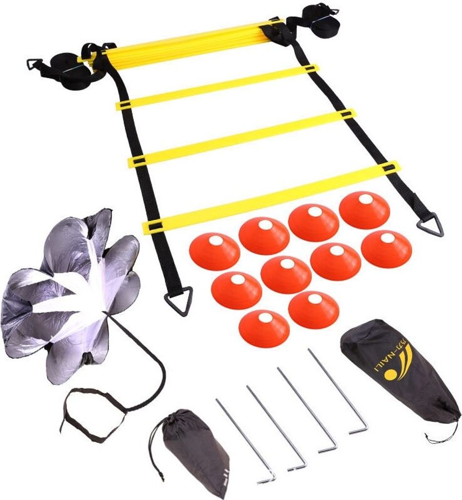 Agility-Trainingsset KkvoGmle Basic Kit, enthält 1x Leiter Länge 6m, 12x Haltegriffe, 1x Widerstandsfallschirm, inkl. Transportkoffer