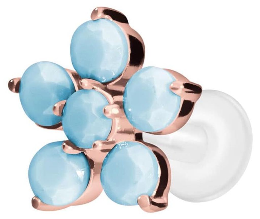 Ohrpiercing, Nasenpiercing PTFE Labret mit Innengewinde + Titan-Aufsatz BLUME + SYNTHETISCHE TÜRKISE RoséGold Stablänge: 7mm | Stabstärke: 1,6mm