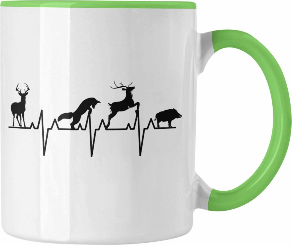Trendation - Jäger Geschenke für Männer Tasse Geschenkidee Herzschlag Reh Wildschwein Hund (Grün)