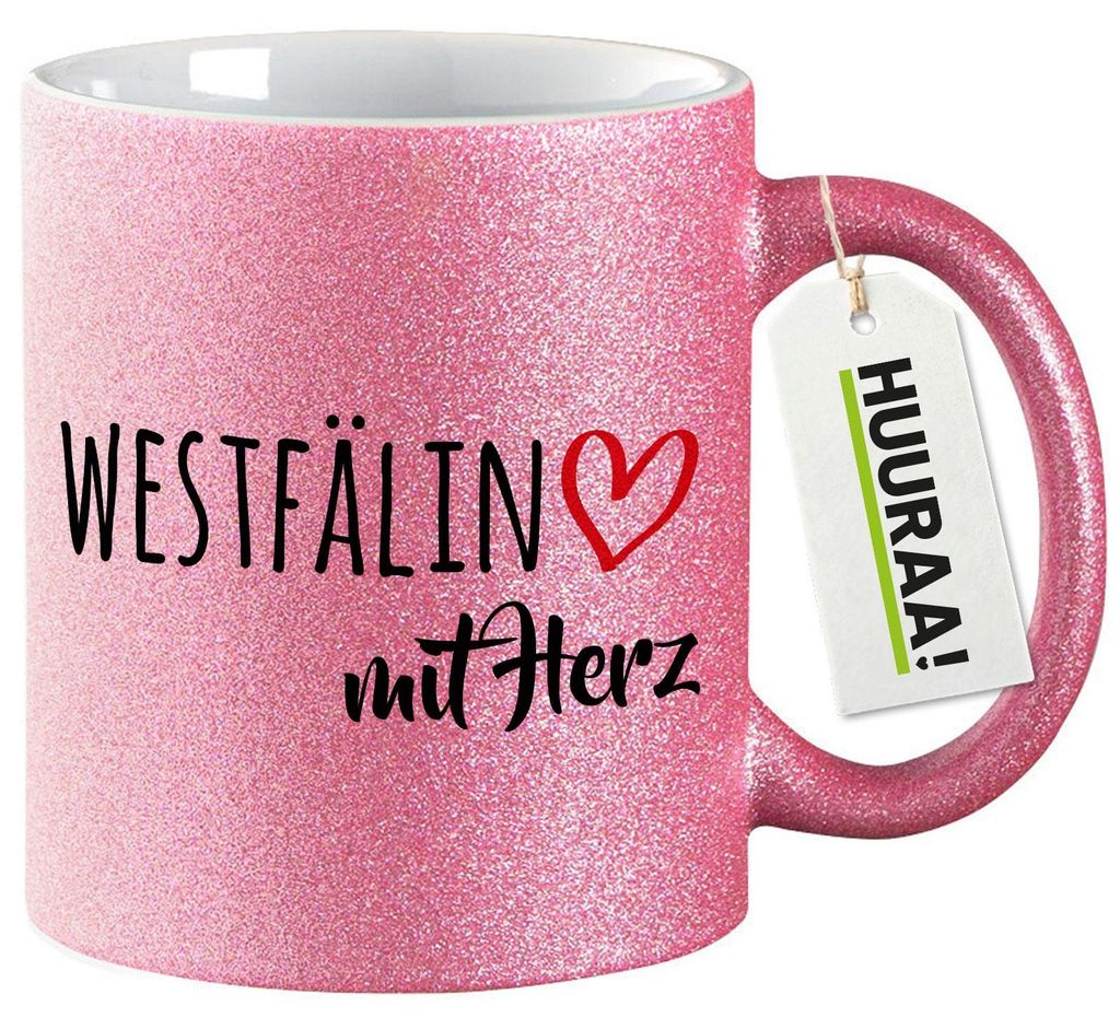 Huuraa Glitzertasse Westfälin mit Herz 330ml Pink Keramik Kaffeebecher Geschenkidee