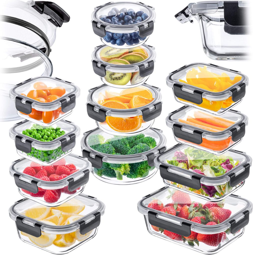 KADAX | 12er-Set Glasbehälter mit Deckel | Vorratsdosenset 320–1040 ml | luftdichte & auslaufsichere Lunchboxen, Meal Prep Boxen