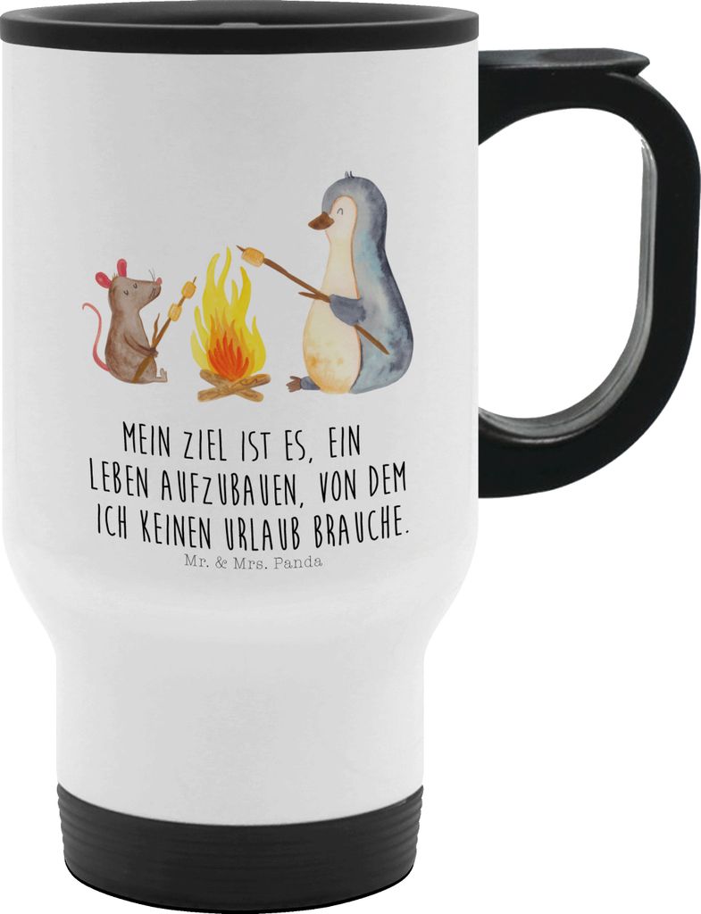 Mr. & Mrs. Panda Thermobecher Pinguin Lagerfeuer - Weiß - Geschenk, Kaffeebecher To Go, Job, Marshmallows, Liebe, Arbeit, thermosbecher, Kaffee-Th...