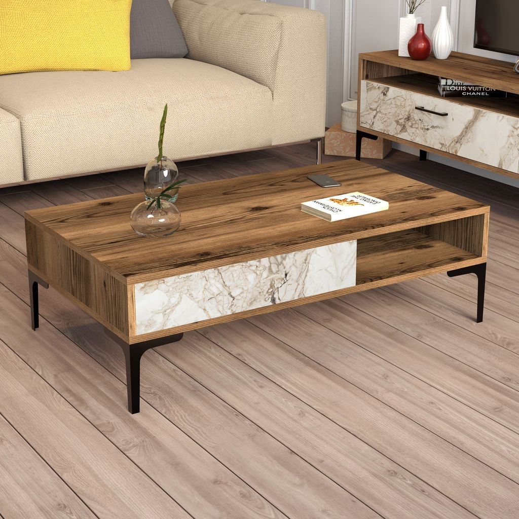 Skye Decor, Istanbul - Walnut, White Marble, Couchtisch, Nussbaum, 100 % MELAMINBESCHICHTETE SPANPLATTEN, 105 x 60 x 32,6 cm