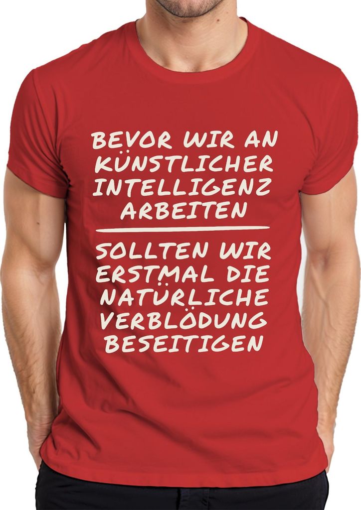 Zuerst natürliche Verblödung dann KI Programmierer Geschenk Nerd Herren T-Shirt, Rot, 3XL