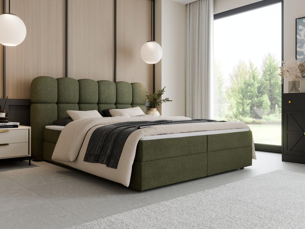 Boxspringbett 140x200 mit Bettkasten H3 Komplett inkl. Matratze, Topper & Lieferung in die Wohnung - SOFTI II Grün Bouclé