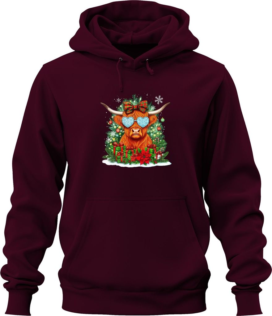 Highland Kuh Weihnachten Herz Sonnenbrille Schleife lustig Retro Uni Hoodie Kapuzenpullover, Burgundy, S