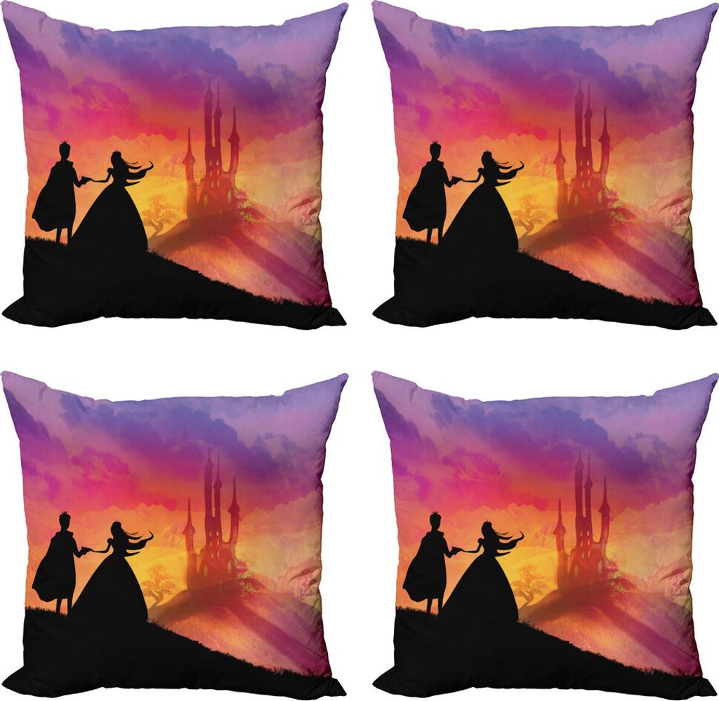 ABAKUHAUS Fantasie Kissenbezug Set (4 Stück), Prinz Prinzessin Castle, Moderner Doppelseitiger Digitaldruck, 45 cm x 45 cm, Mehrfarbig