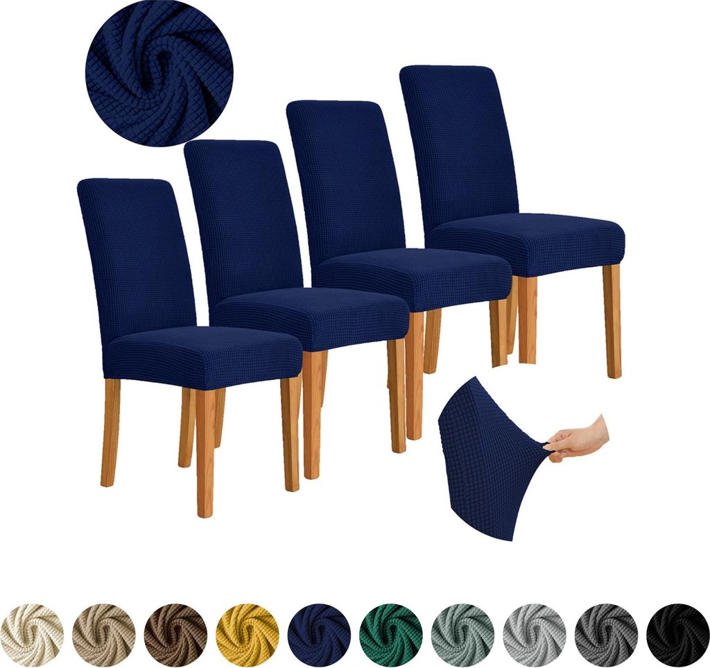 MEBLE ODNOWA, Stuhlhusse, Stuhlbezug, Standardgröße, Jacquard, Navyblau, 4er Set, Karostruktur, elastisch, Stuhlbezüge, Stuhlhussen, maschinenwa...