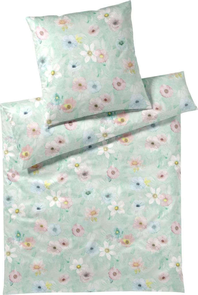 Elegante Mako Satin Bettwäsche Pastel 24519-4 Blumen aqua 135x200