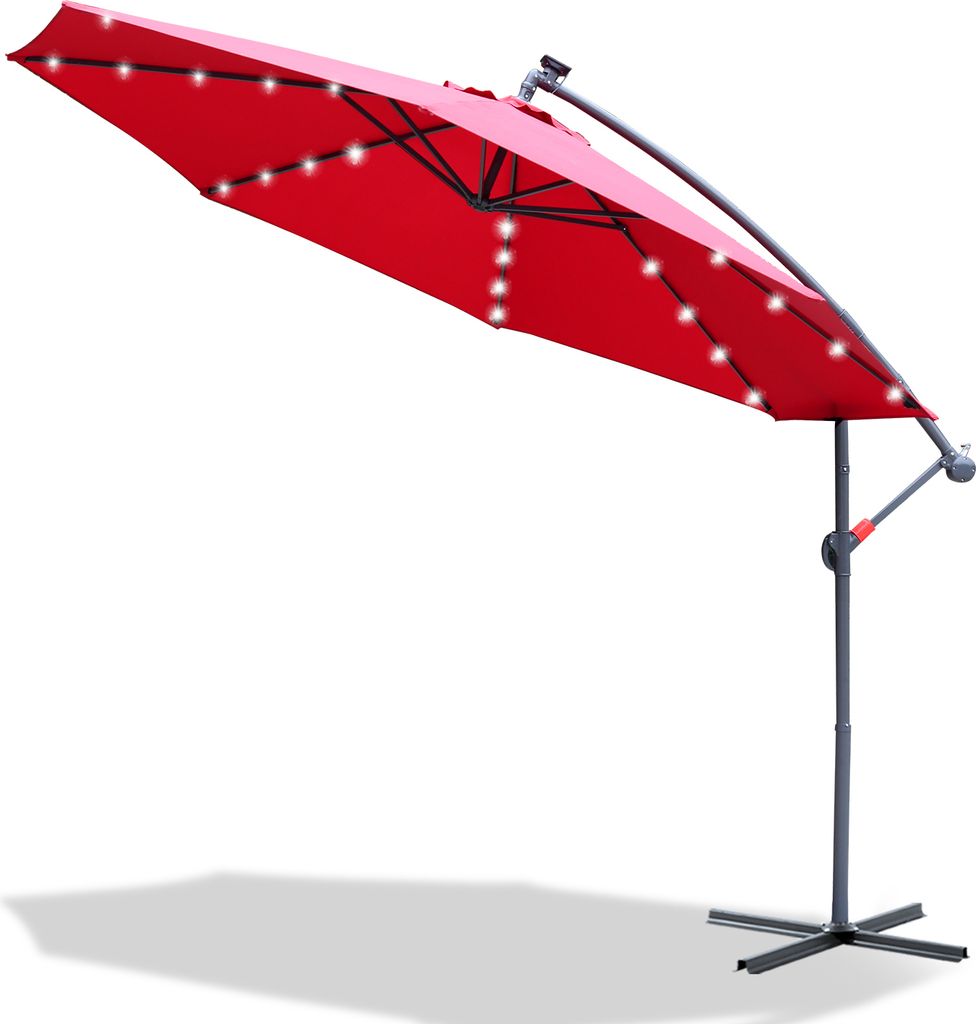 Ampelschirm 300 cm mit LED-Beleuchtung, UV-Schutz & Kurbel - Rot