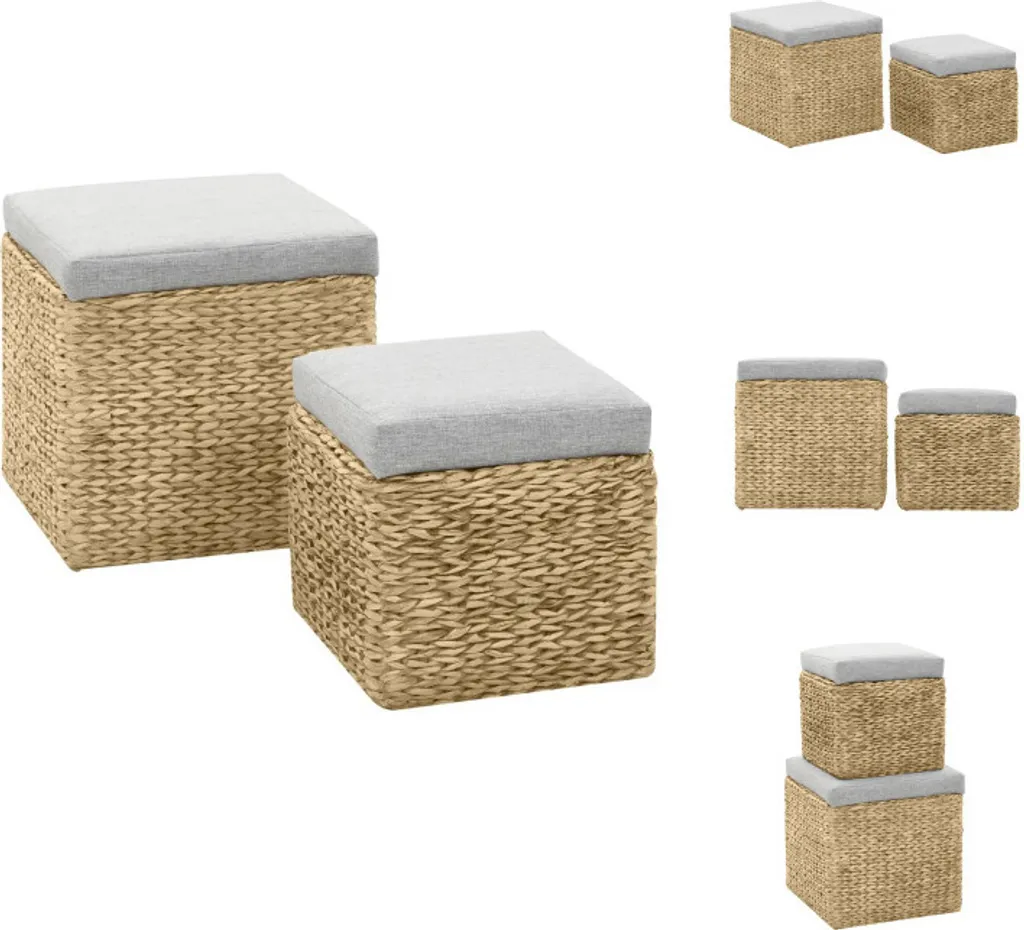 Tabouret de Salon en Jonc de Mer Gris avec Assise Rembourrée - Lot de 2