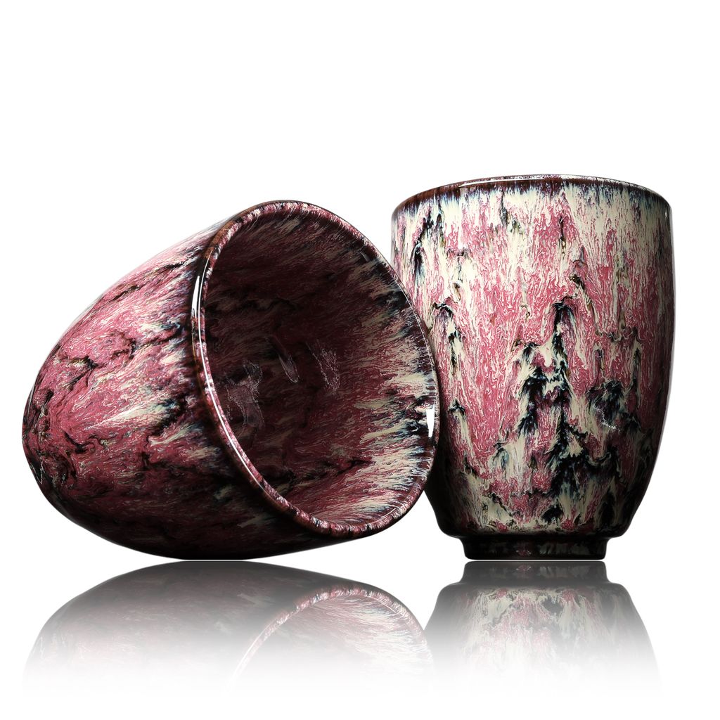 Kaffee Becher Keramik, Design Kaffee-Tasse ohne Henkel 200ml, Tee-Tasse 2er Set, coffee mug, tea cup, Tasse mit modernem Muster, bunte Unikate (tiz...