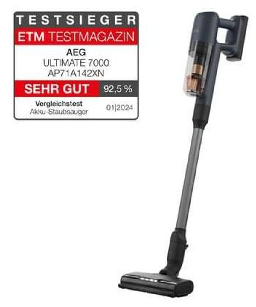 A cordless vacuum cleaner is shown next to a product review badge.