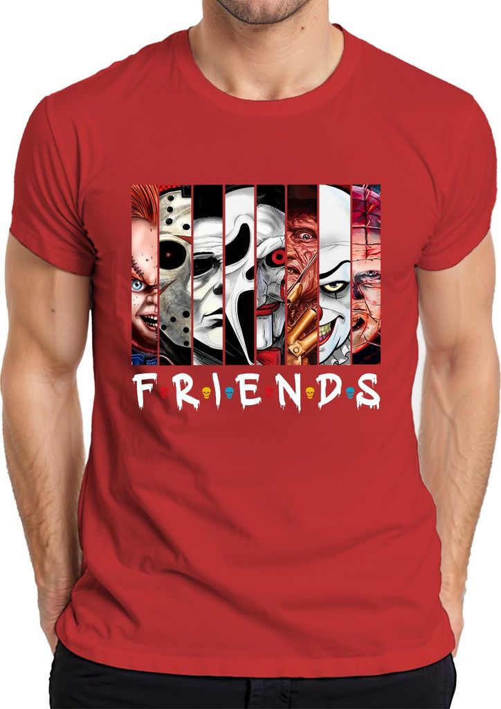 FRIENDS Horror Ikonen Jason Michael Pennywise Freddy Chucky Kult Herren T-Shirt, Rot, L