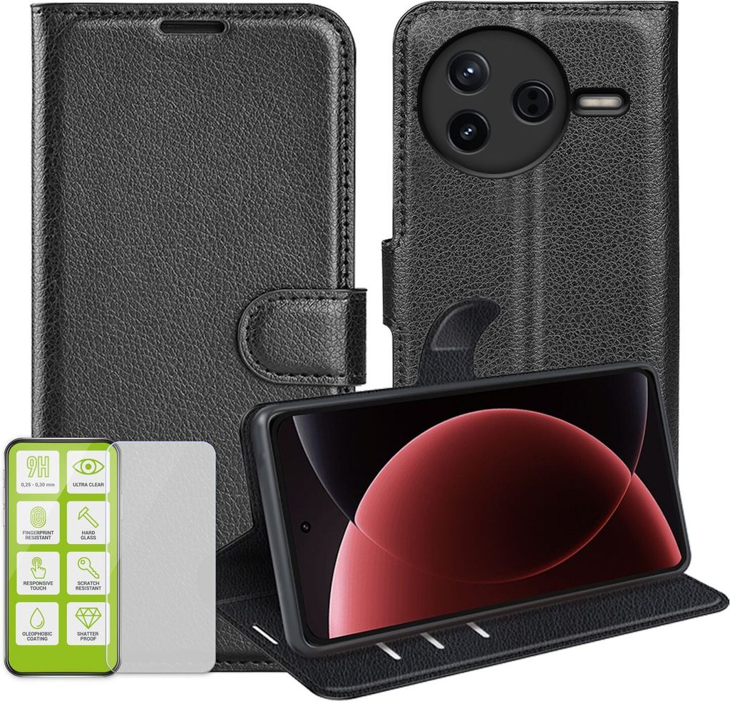 Für Xiaomi Poco F7 Ultra Kunstleder Book Wallet Handy Tasche Schwarz + 9H Hart Glas