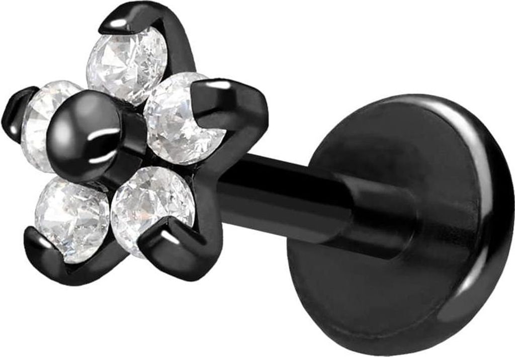 Ohrpiercing, Nasenpiercing Titan Labret mit Push Fit BLUME MIT 5 KRISTALLEN Schwarz Stablänge: 7mm | Stabstärke: 1mm