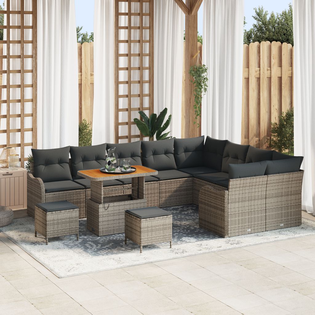 12-teiliges Garten Sofa Set mit Kissen Grau Poly Rattan Akazie, Gartensofas DesignMöbel Neu
