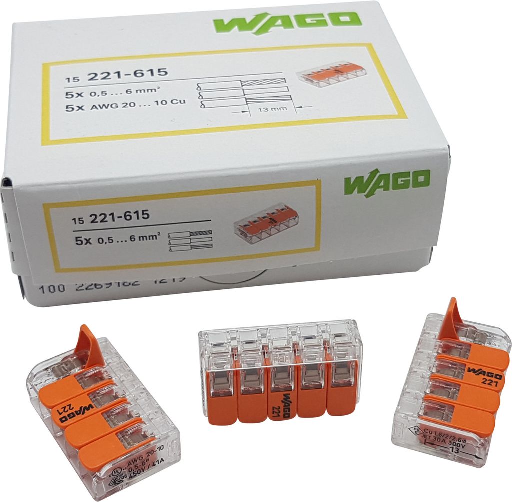 100 Stück Wago 221-615 Verbindungsklemme 5 Leiter mit Betätigungshebel 0,5-6 qmm kleine Bauform, transparent