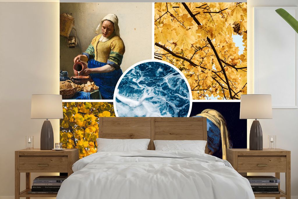 MuchoWow Fototapete für Wohnzimmer oder Schlafzimmer Wandtapete Vinyl Motivtapete Vermeer - Collage - Kunst - 280x280 cm - Hintergrundbild