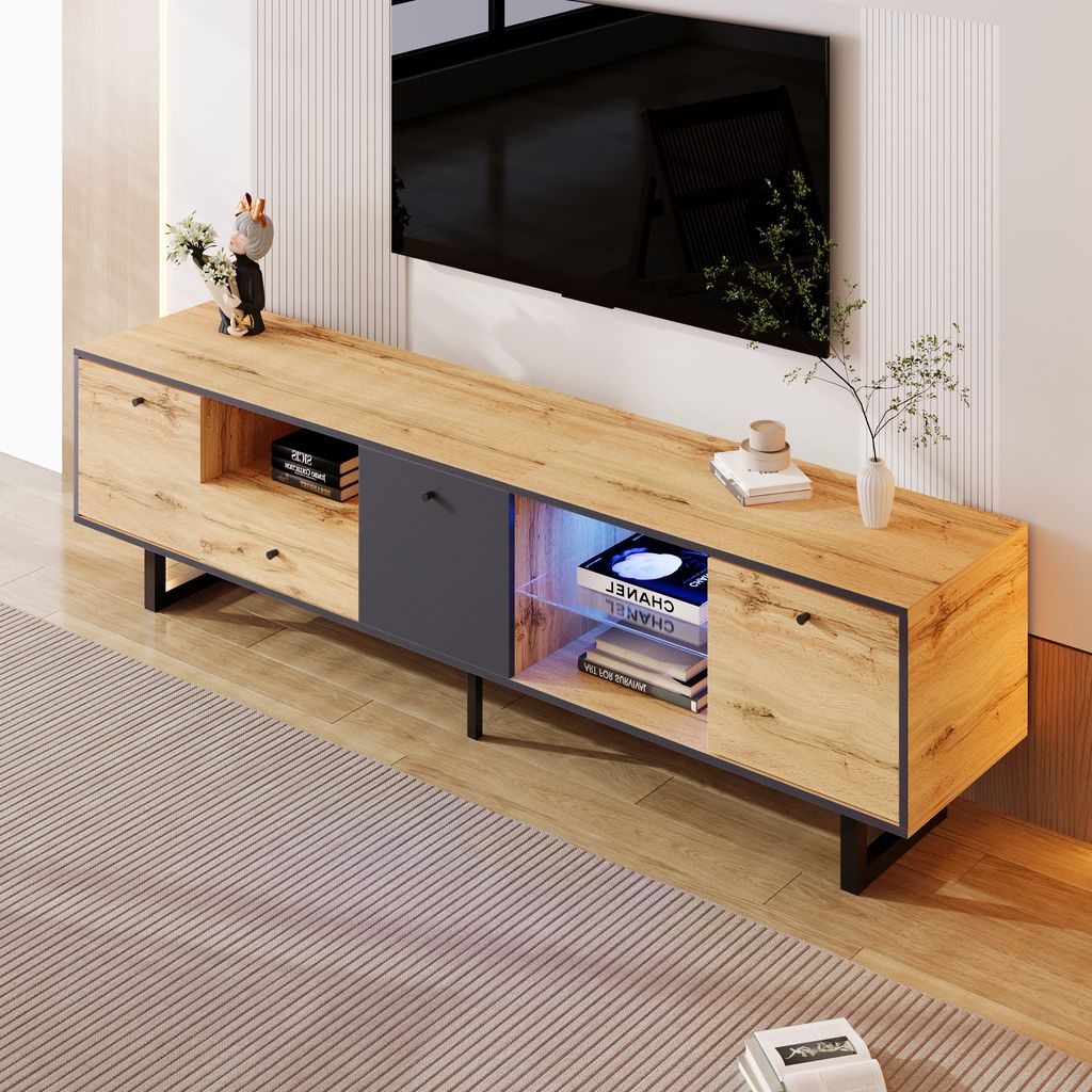 okwish TV-Schrank TV-Lowboard mit LED-Beleuchtung und Glastrennwand, 190*40*50cm, Fernsehtisch Wohnzimmerschränke Hängeschrank für Wohnzimmer, H...
