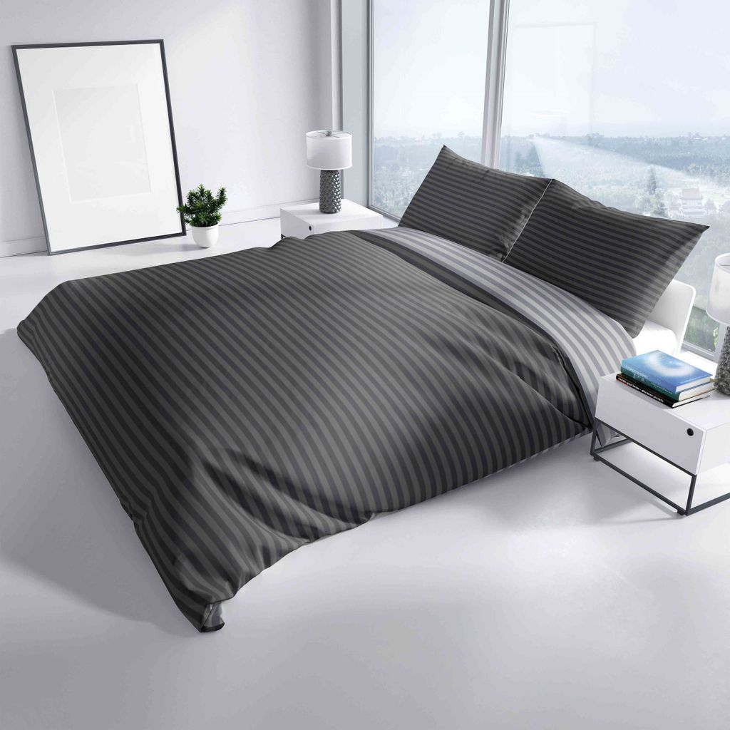 Bettwäsche Set 155x220 cm in Anthrazit mit Streifenmuster Produktbild 5