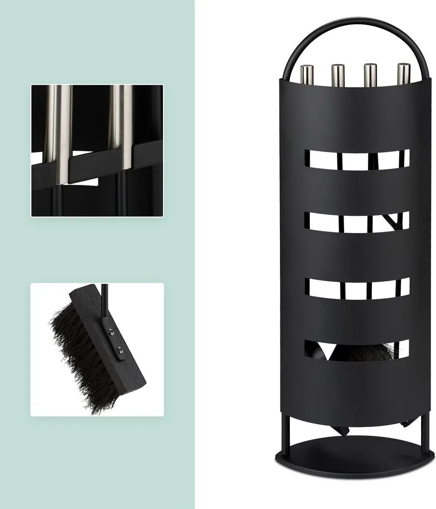 Accessoires de cheminée 5 pièces noir et argent avec support design - 7