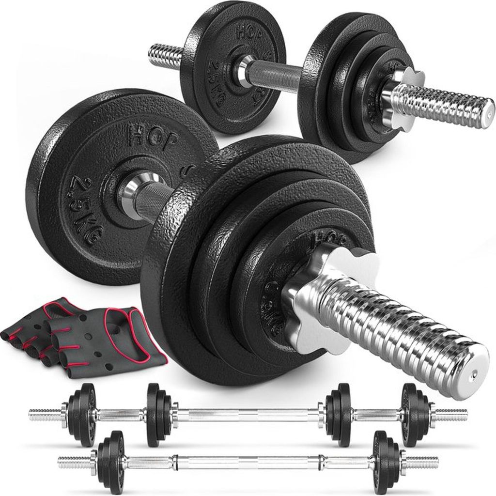 Hop-Sport 2in1 Kurzhanteln & Langhantel Set - Gusseisen Hanteln Set 20 kg mit Verbindungsrohr - inkl. Trainingshandschuhe