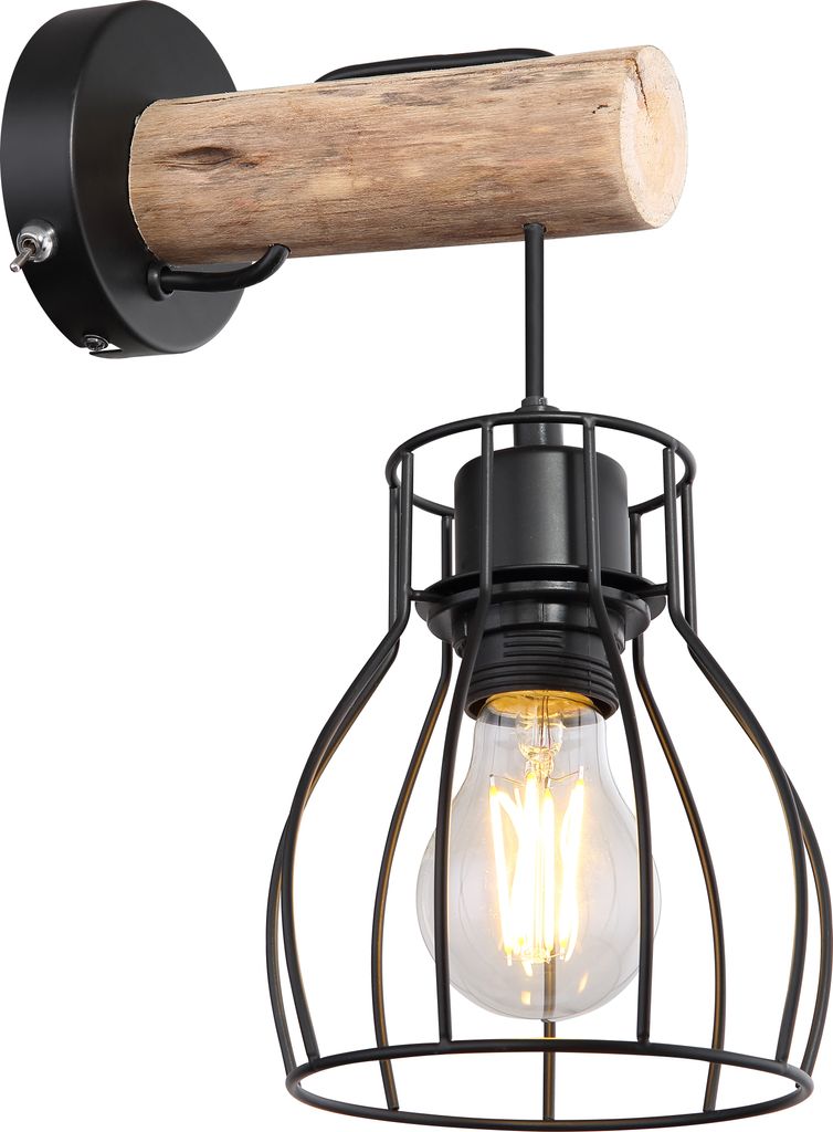 A wall lamp with a black metal cage and a wooden beam.
