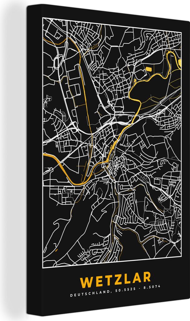 OneMillionCanvasses - Leinwandbilder - 90x140 cm, Wetzlar - Gold - Stadtplan - Deutschland - Schwarz und Gold - Karte, Wandbilder Kunstdruck Wand...
