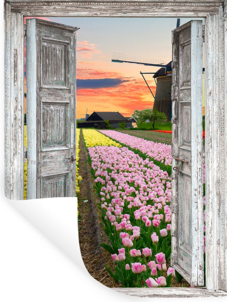 MuchoWow Wandtattoo Wandsticker Wandaufkleber Ausblick - Tulpen - Mühle - Abend 120x160 cm Selbstklebend und Repositionierbar - Wierderverwendba...