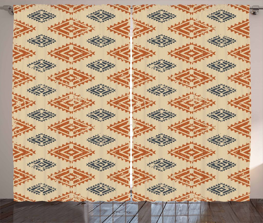 ABAKUHAUS Sambia Rustikaler Gardine, Folk Retro Style, Schlafzimmer Kräuselband Vorhang mit Schlaufen und Haken, 280 x 245 cm, Sand orange Dunkelblau