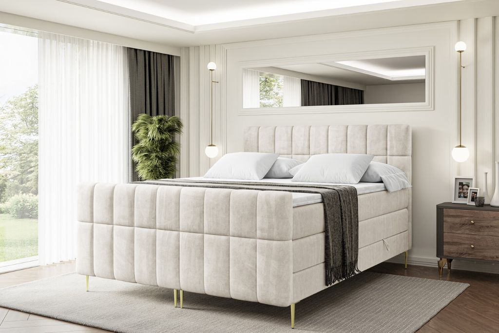 ALTDECOR Boxspringbett mit Gold Füßen, Matratze und Lattenrost, Topper, Fußteil, Polsterbett mit Bettkasten, Bett mit Stauraum H3- und H4- Matra...