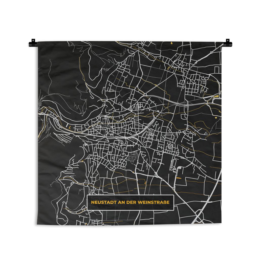 MuchoWow Wandteppich Wandbehang Deutschland - Schwarz und Gold - Neustadt an der Weinstraße - Stadtplan - Karte 90x90 cm Tapisserie Dekoration W...