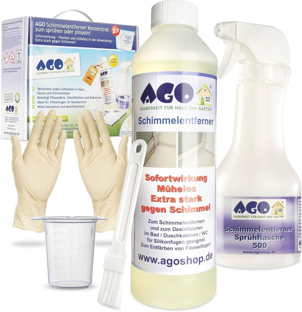 AGO Set 2in1 Profi Schimmelentferner – 0,5 l – hochkonzentriertes Anti Schimmel Mittel für Wand, Bad, Dusche und Silikonfugen zum Sprühen und...