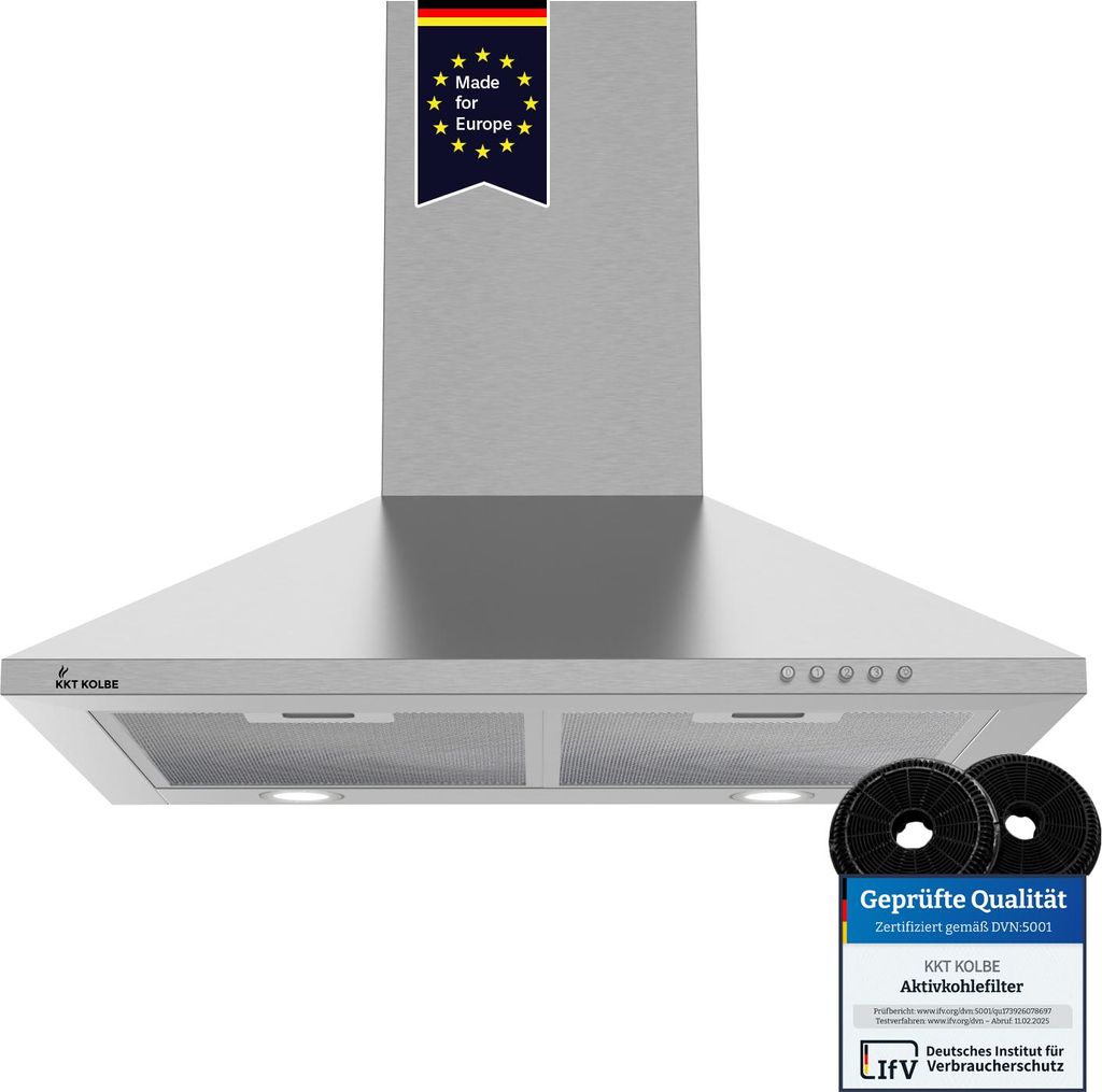 KKT KOLBE Wandhaube 60 cm Edelstahl Leise Dunstabzugshaube Umluft Abluft Pyramide Druckknopf Leistungsstark LED-Beleuchtung Abzugshaube inkl. Kohle...