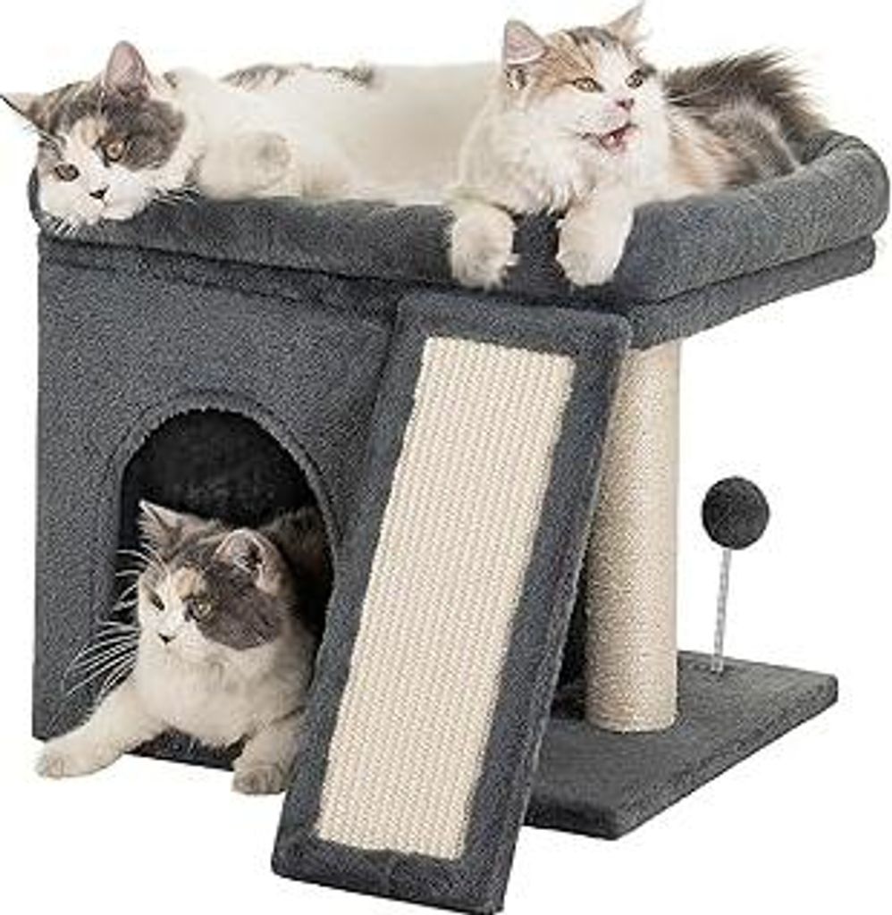 Kratzbaum für Große Katzen Stabil, Katzenbaum mit Groß Liegefläche(51x41cm), 2 Tier Katzenhöhle Tonne Bett für Indoor Adulte Katzen, Dunkel Grau