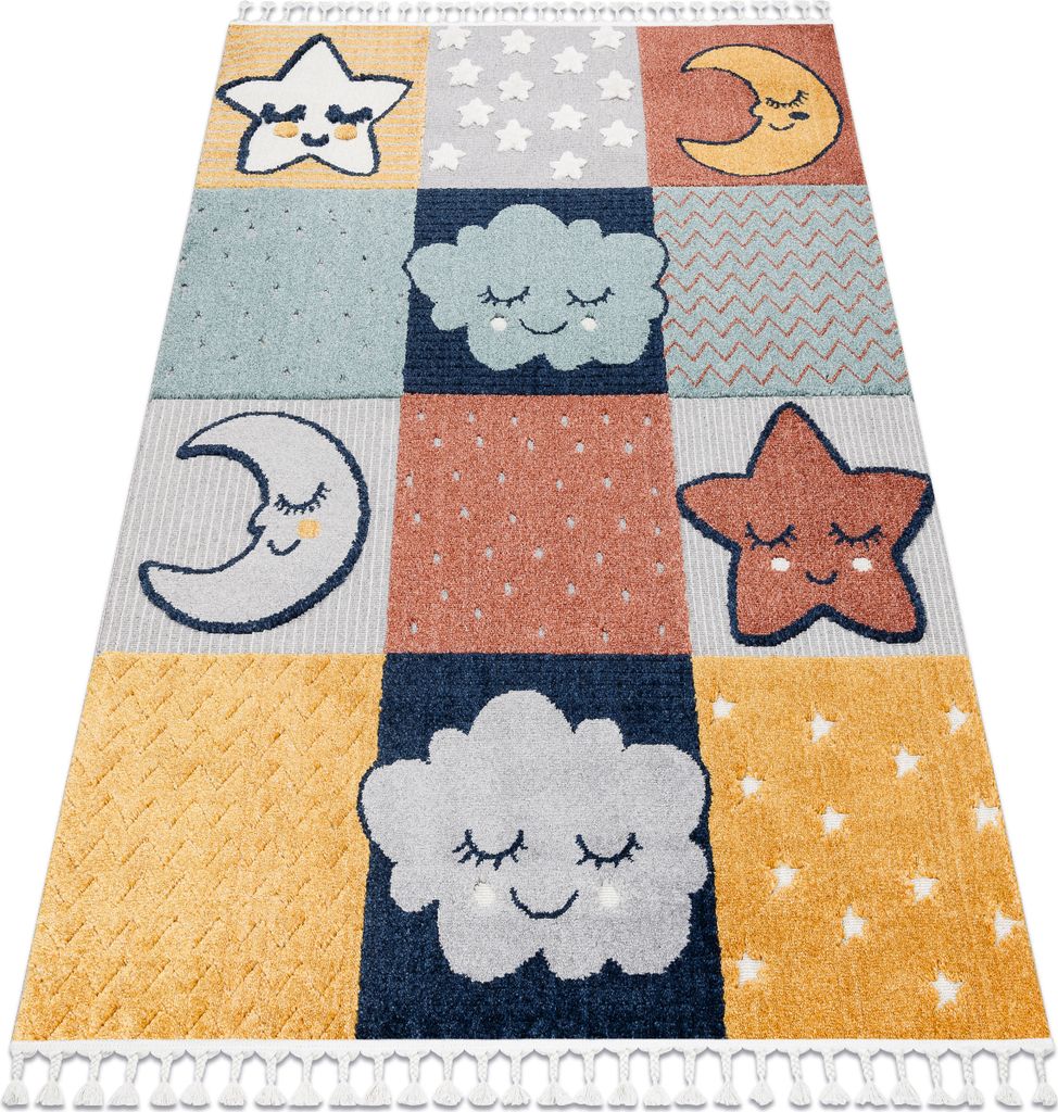 Teppich YOYO GD52 grau / gelb - Sterne, Wolken, Patchwork für Kinder, strukturell, sensorische Fransen Mehrfarben 120x170 cm