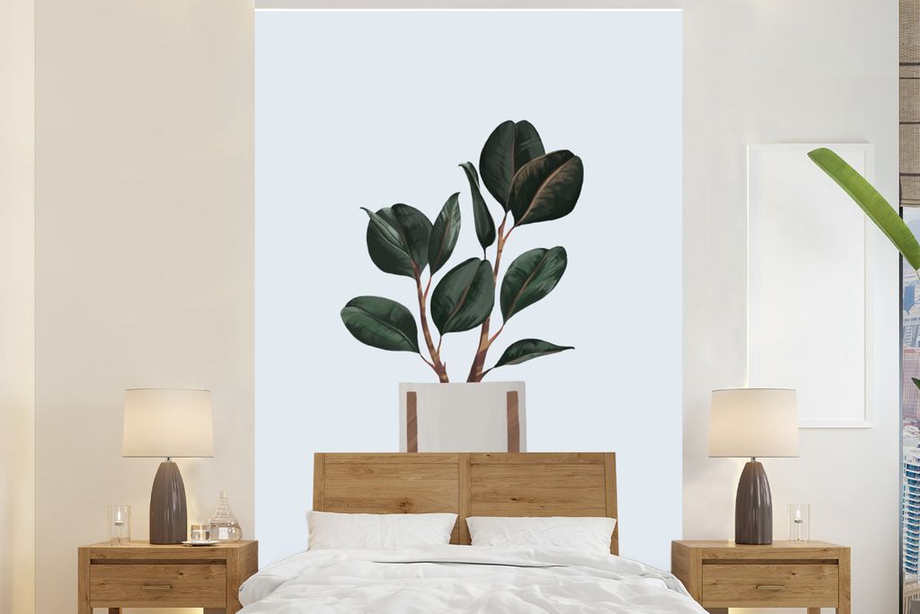 MuchoWow Fototapete für Wohnzimmer oder Schlafzimmer Wandtapete Vinyl Motivtapete Zimmerpflanzen - Pastell - Holz - 225x350 cm - Schlafzimmer ta...