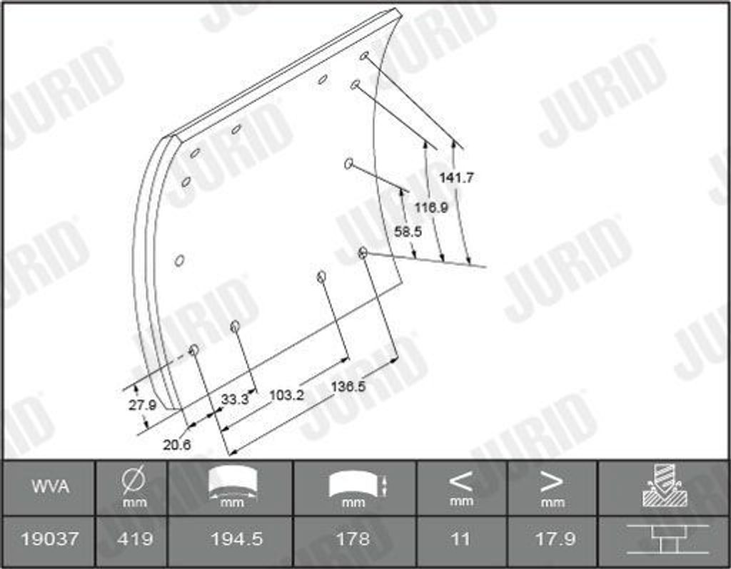JURID Bremsbelagsatz Trommelbremse Bremsbackensatz 1903611232 Hinten 19,6mm Schachtel 9,093kg