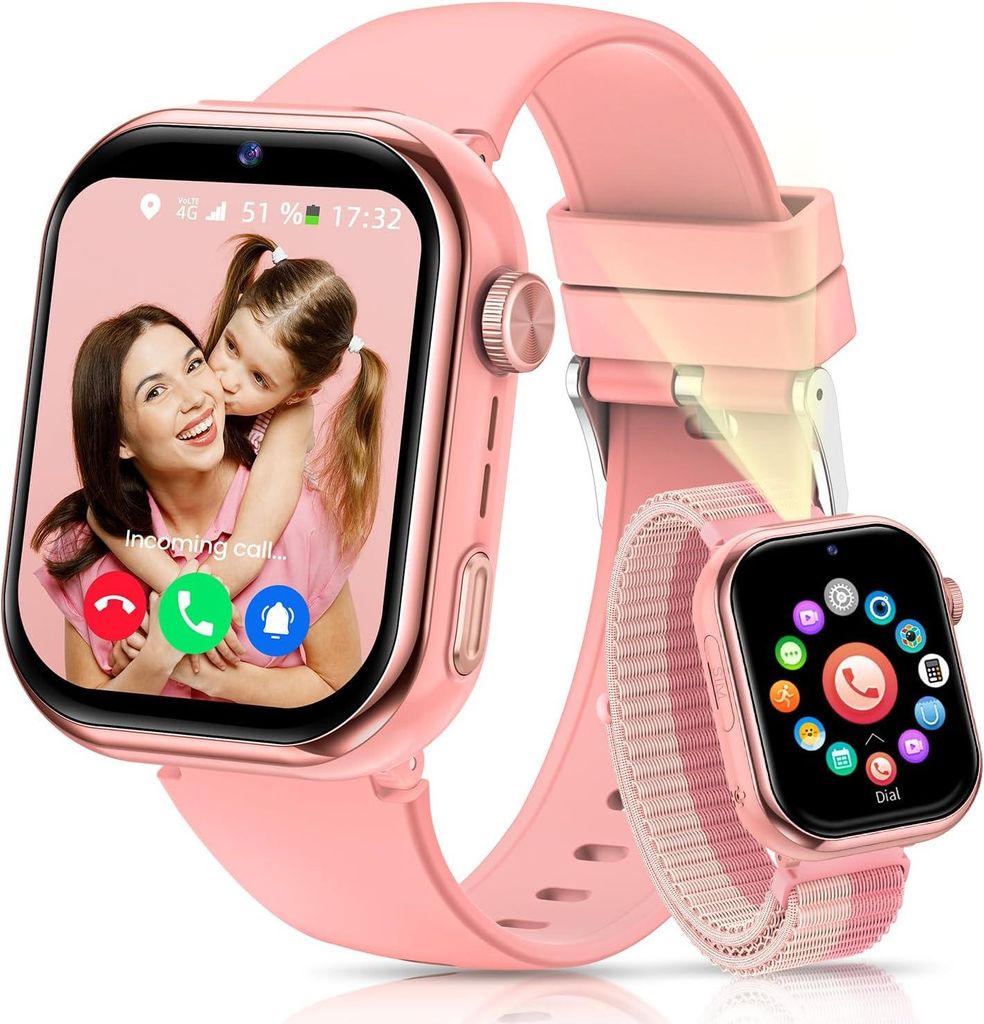 RUXINGX 4G Kinder Smartwatch mit GPS, Telefon, IP68 Wasserdicht, Zwei-Perspektiven Videoanruf, SOS, Schrittzähler,Wecker,Schulmodus für Jungen M...