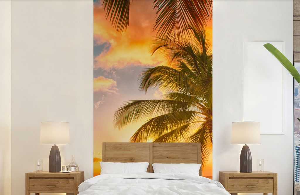 MuchoWow Fototapete für Wohnzimmer oder Schlafzimmer Wandtapete Vinyl Motivtapete Sonnenuntergang - Palme - Wolken - Meer - Strand - 120x240 cm ...