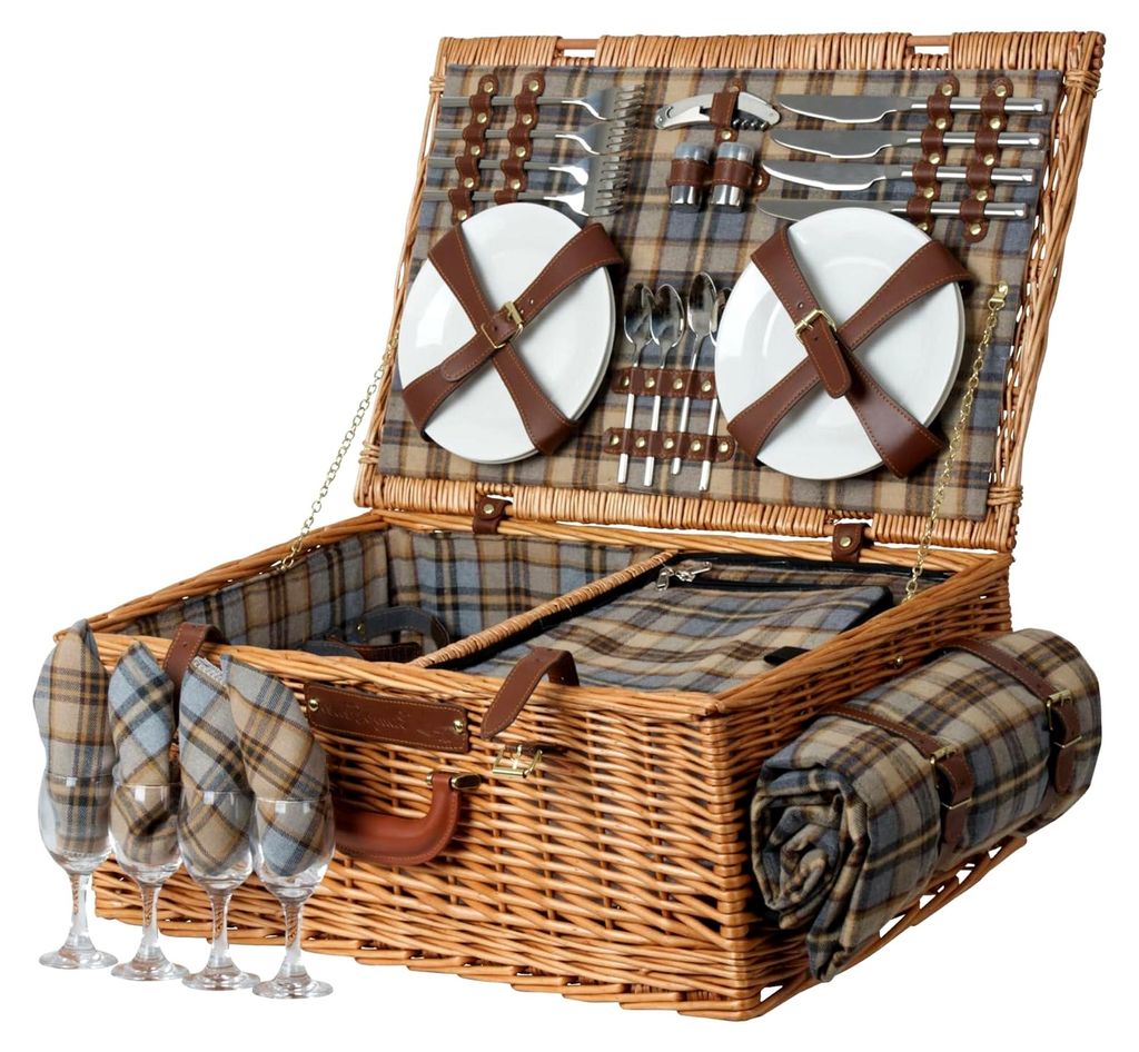 Picknickkorb für 4 Personen mit Geschirr-Set und Kühlfach | 29-teilig | Picknickkoffer mit kariertem Innenmuster | Weidenkorb mit Kunstlederrieme...