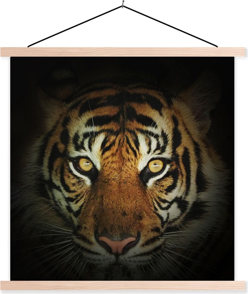 MuchoWow Textilposter Tiger - Licht - Augen 60x60 cm mit holzfarbenen Rahmen - Wanddekoration