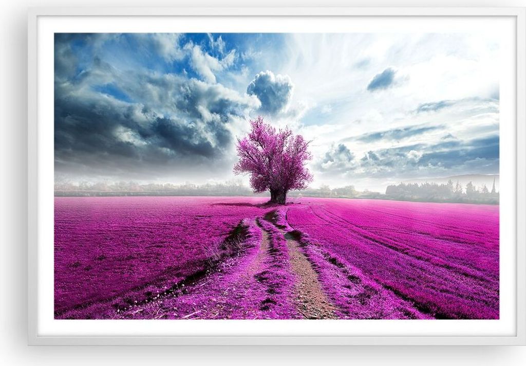 Gerahmtes Poster - Weißer Rahmen - Heidefeld Baum Wolken Landschaft - 91,5x61 cm - Wand Bild - Wanddeko - Wandbilder - Wandposter - Bilderrahmen -...