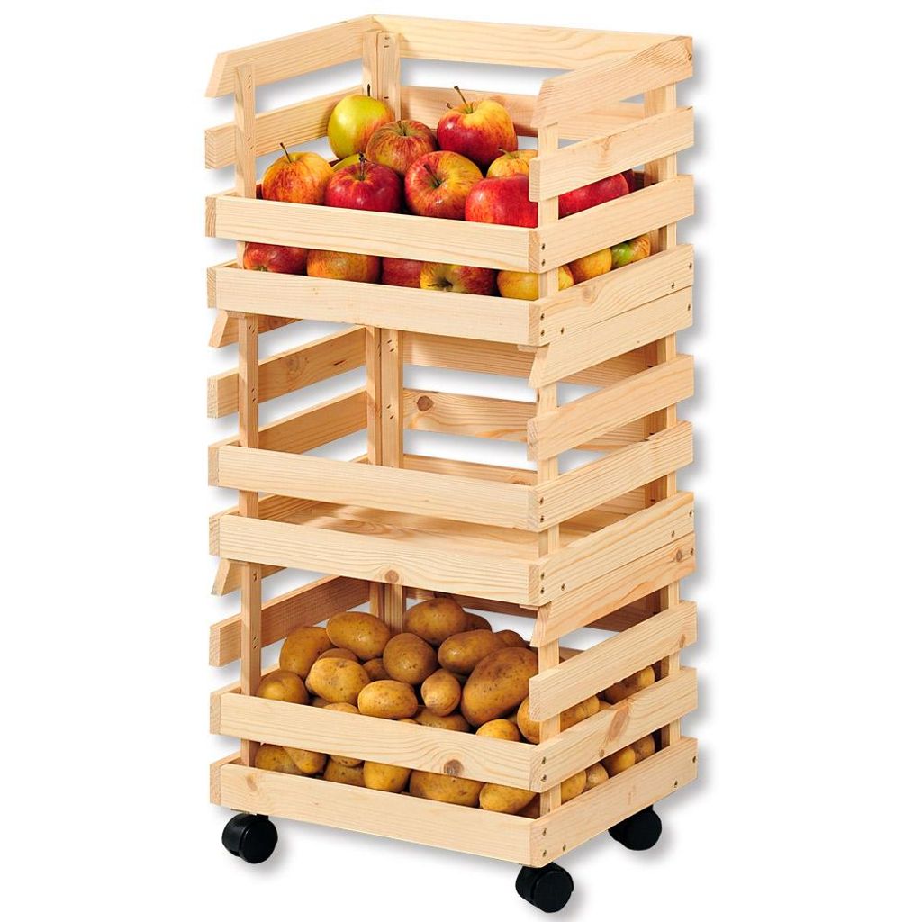 KESPER Kartoffel- & Obsthorde 3-stufig – -Kiefer – 37x80x30cm – Küchenaufbewahrung, mobil auf Rollen – je Kiste bis 25 kg belastbar – 69581