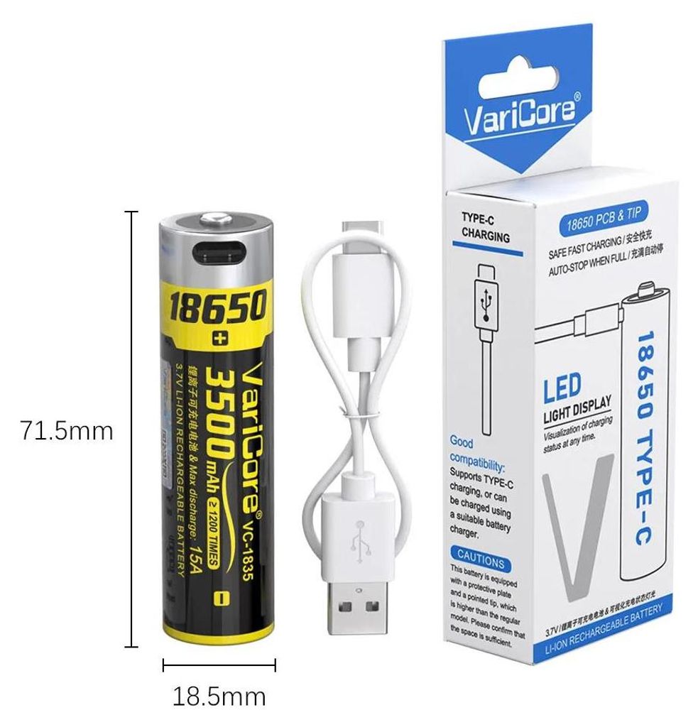 18650 Li-Ion Akku - 3,7V 3500mAh wiederaufladbar - USB-C Ladeanschluss - 15A Hochstrom - für Taschenlampen - inkl. USB-Kabel - 1 Stück